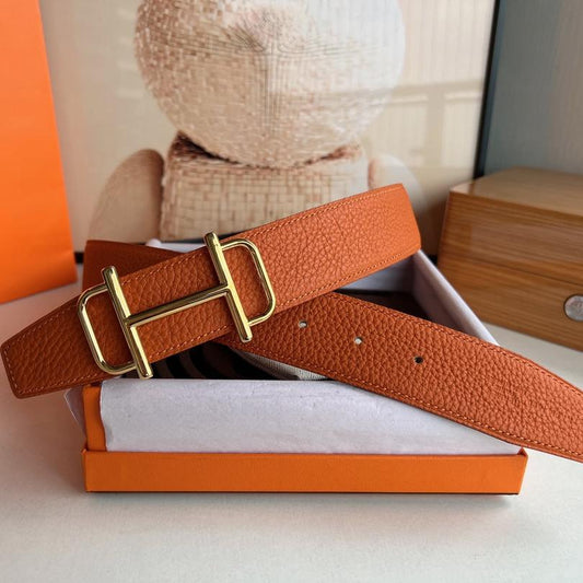 HM ROYAL BELT BUCKLE & REVERSIBLE NOIR AND ORANGE LEATHER STRAP 32 MM GOLD HARDWARE
