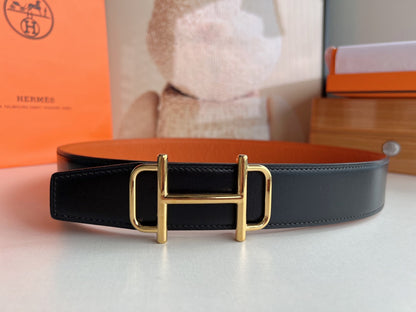 HM ROYAL BELT BUCKLE & REVERSIBLE NOIR AND ORANGE LEATHER STRAP 32 MM GOLD HARDWARE