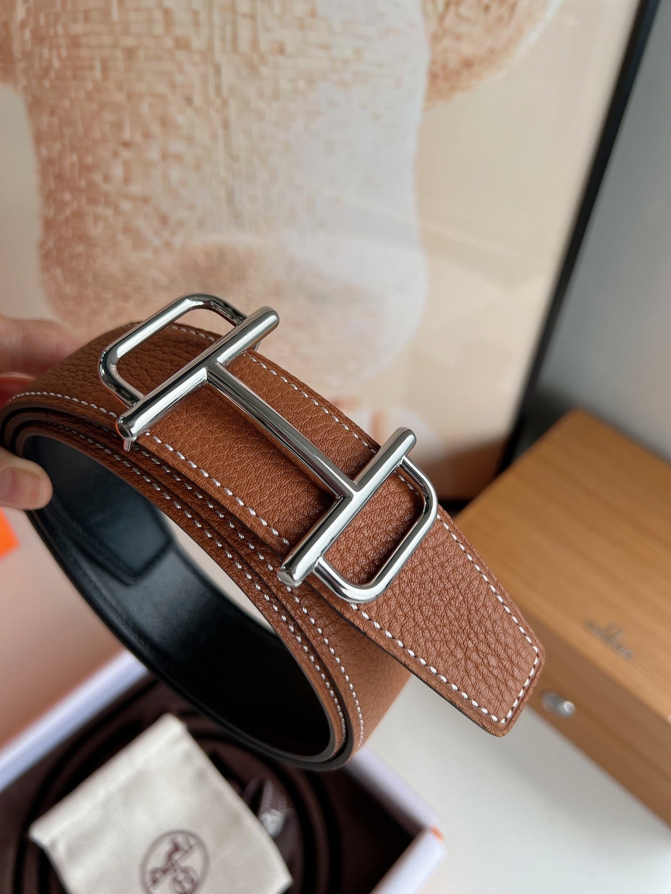 HM ROYAL BELT BUCKLE & REVERSIBLE NOIR AND CIDER ORANGE LEATHER STRAP 32 MM SILVER HARDWARE