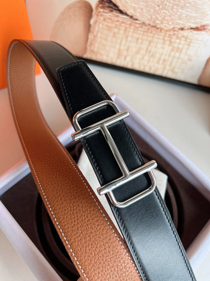 HM ROYAL BELT BUCKLE & REVERSIBLE NOIR AND CIDER ORANGE LEATHER STRAP 32 MM SILVER HARDWARE