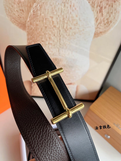 HM H D'ANCRE BELT BUCKLE & REVERSIBLE CHOCOLATE BROWN LEATHER STRAP 38 MM GOLD HARDWARE
