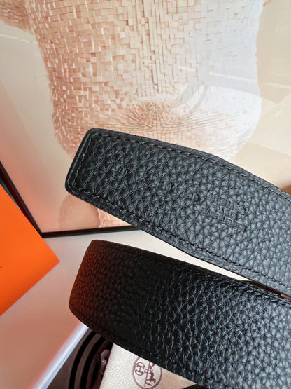 HM H D'ANCRE BELT BUCKLE & REVERSIBLE BLACK LEATHER STRAP 38 MM SILVER HARDWARE