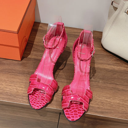 PREMIERE 70 SANDAL IN WATERMELON PINK CROCODILE LEATHER