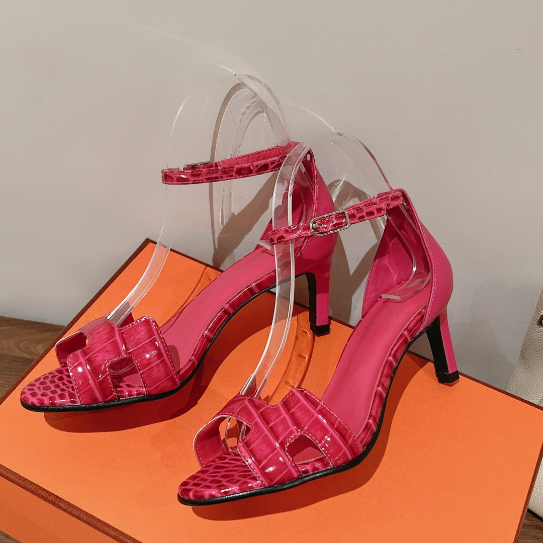 PREMIERE 70 SANDAL IN WATERMELON PINK CROCODILE LEATHER