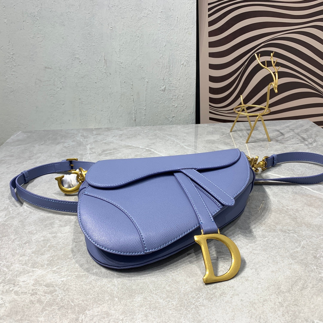 CD Saddle Bag Strap Warm Taupe Grained Blue Calfskin