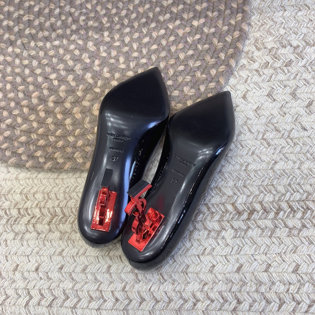 OPYUM RED HEEL PUMPS IN BLACK GLOSSY CALFSKIN