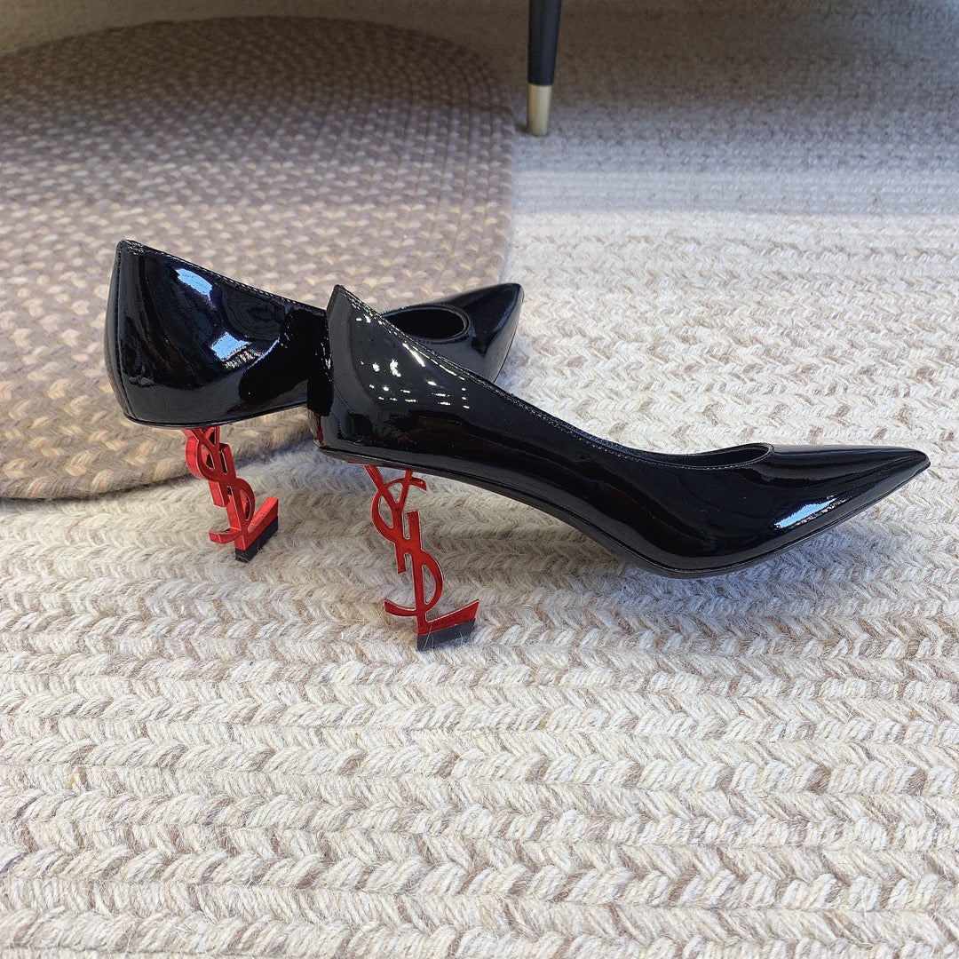 OPYUM RED HEEL PUMPS IN BLACK GLOSSY CALFSKIN