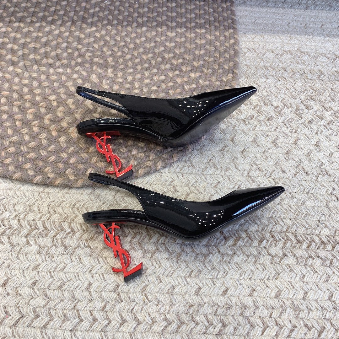 OPYUM RED HEEL SLINGBACK PUMPS IN BLACK GLOSSY CALFSKIN