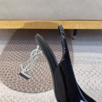 OPYUM SILVER HEEL SLINGBACK PUMPS IN BLACK GLOSSY CALFSKIN