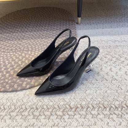 OPYUM SILVER HEEL SLINGBACK PUMPS IN BLACK GLOSSY CALFSKIN