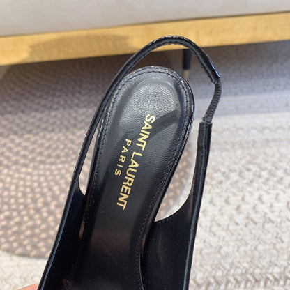 OPYUM SILVER HEEL SLINGBACK PUMPS IN BLACK GLOSSY CALFSKIN