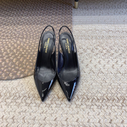 OPYUM BLACK HEEL SLINGBACK PUMPS IN BLACK GLOSSY CALFSKIN