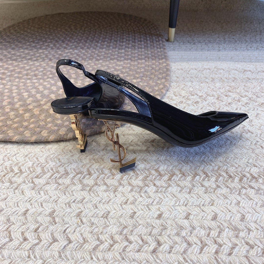 OPYUM GOLD HEEL SLINGBACK PUMPS IN BLACK GLOSSY CALFSKIN