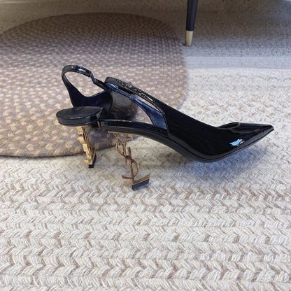 OPYUM GOLD HEEL SLINGBACK PUMPS IN BLACK GLOSSY CALFSKIN