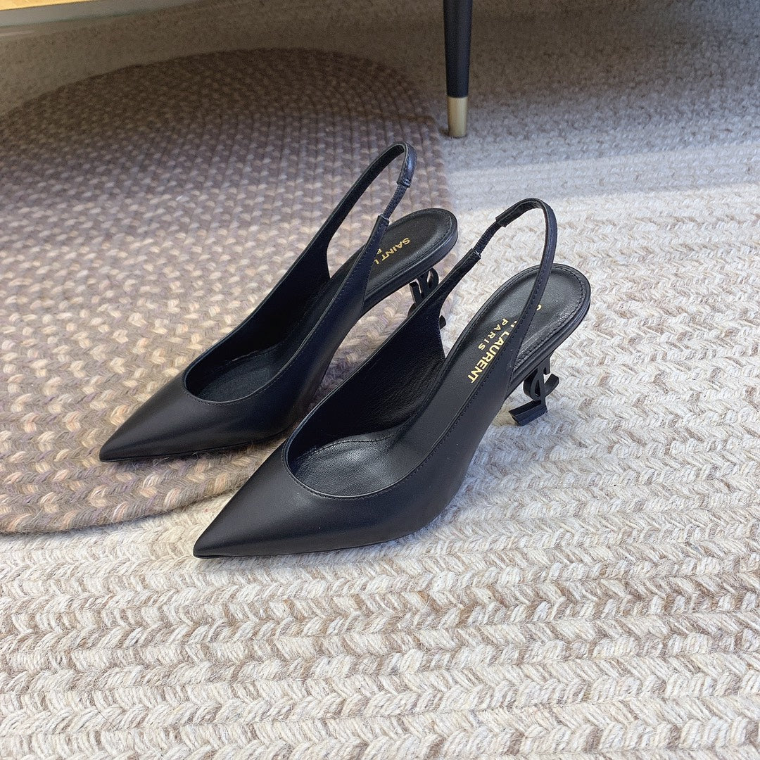 OPYUM BLACK HEEL SLINGBACK PUMPS IN BLACK SMOOTH LAMBSKIN