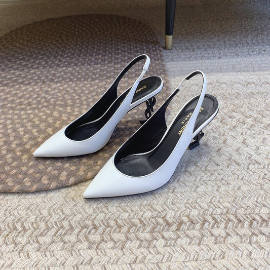 OPYUM BLACK HEEL SLINGBACK PUMPS IN WHITE SMOOTH LAMBSKIN