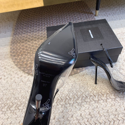 HIGH SLINGBACK IN BLACK GLOSSY CALFSKIN SPLICED WITH TPU