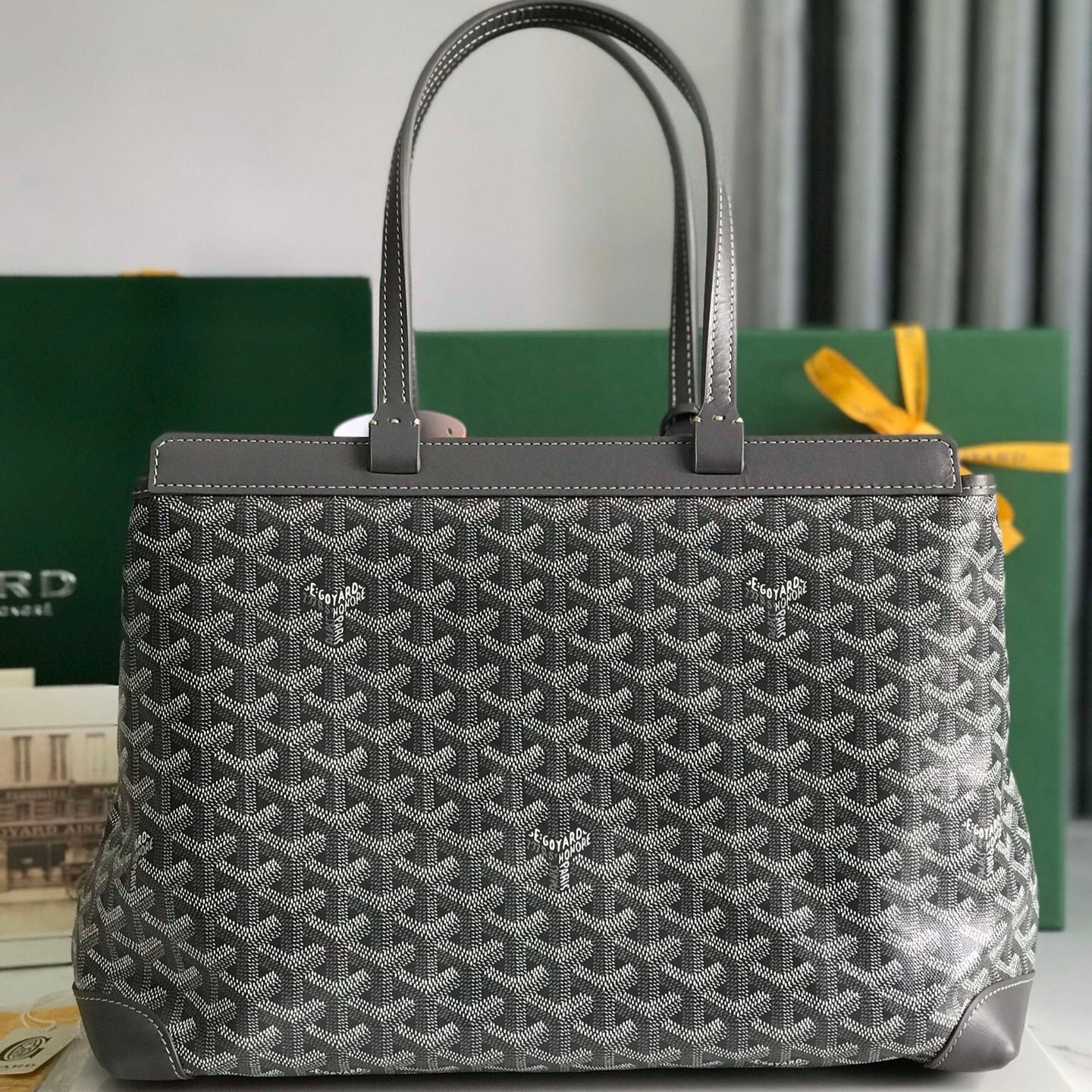 BELLECHASSE BIAUDE PM BAG 36 IN GRAY GOYARDINE CANVAS AND CALFSKIN TRIM