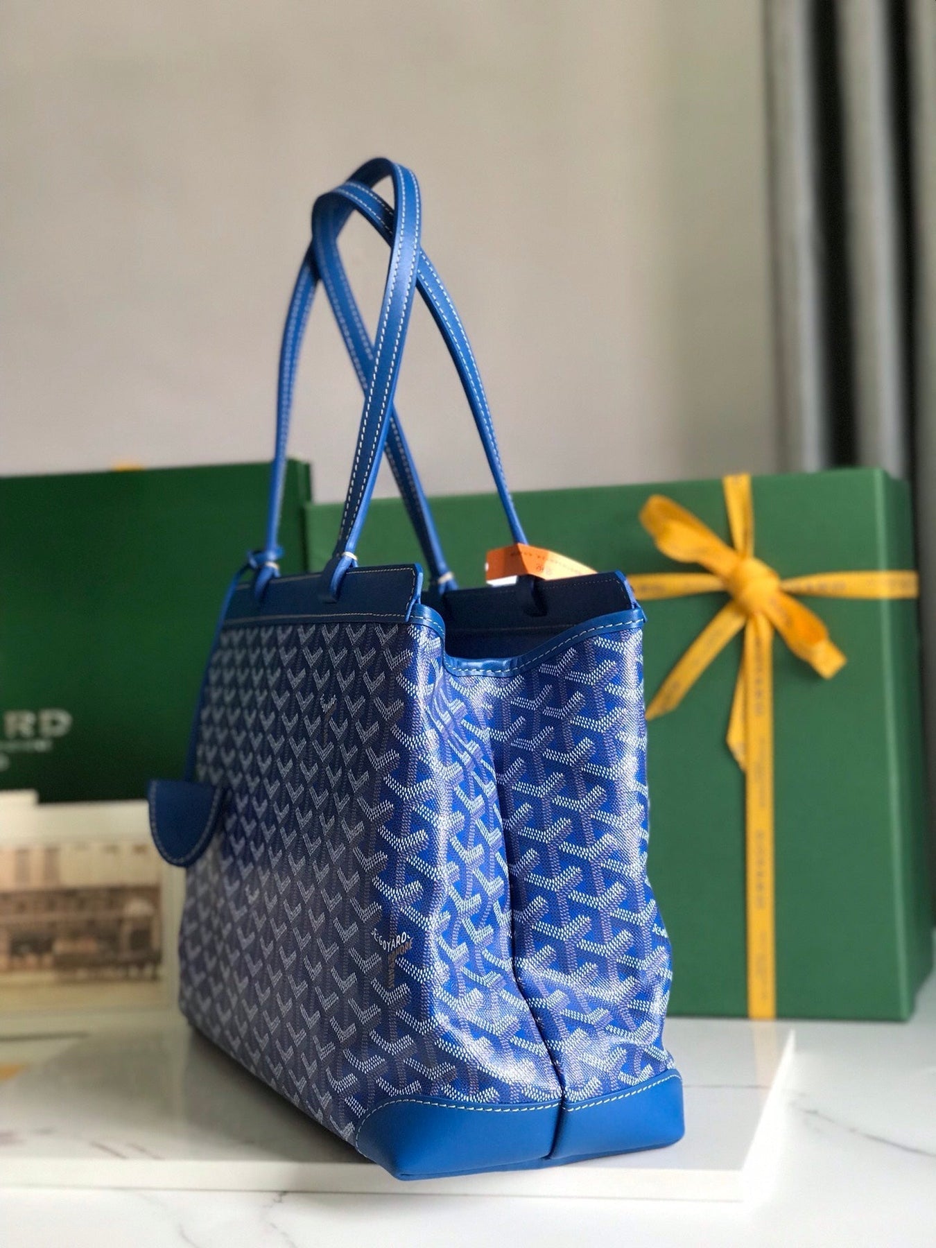 BELLECHASSE BIAUDE PM BAG 36 IN BLUE GOYARDINE CANVAS AND CALFSKIN TRIM