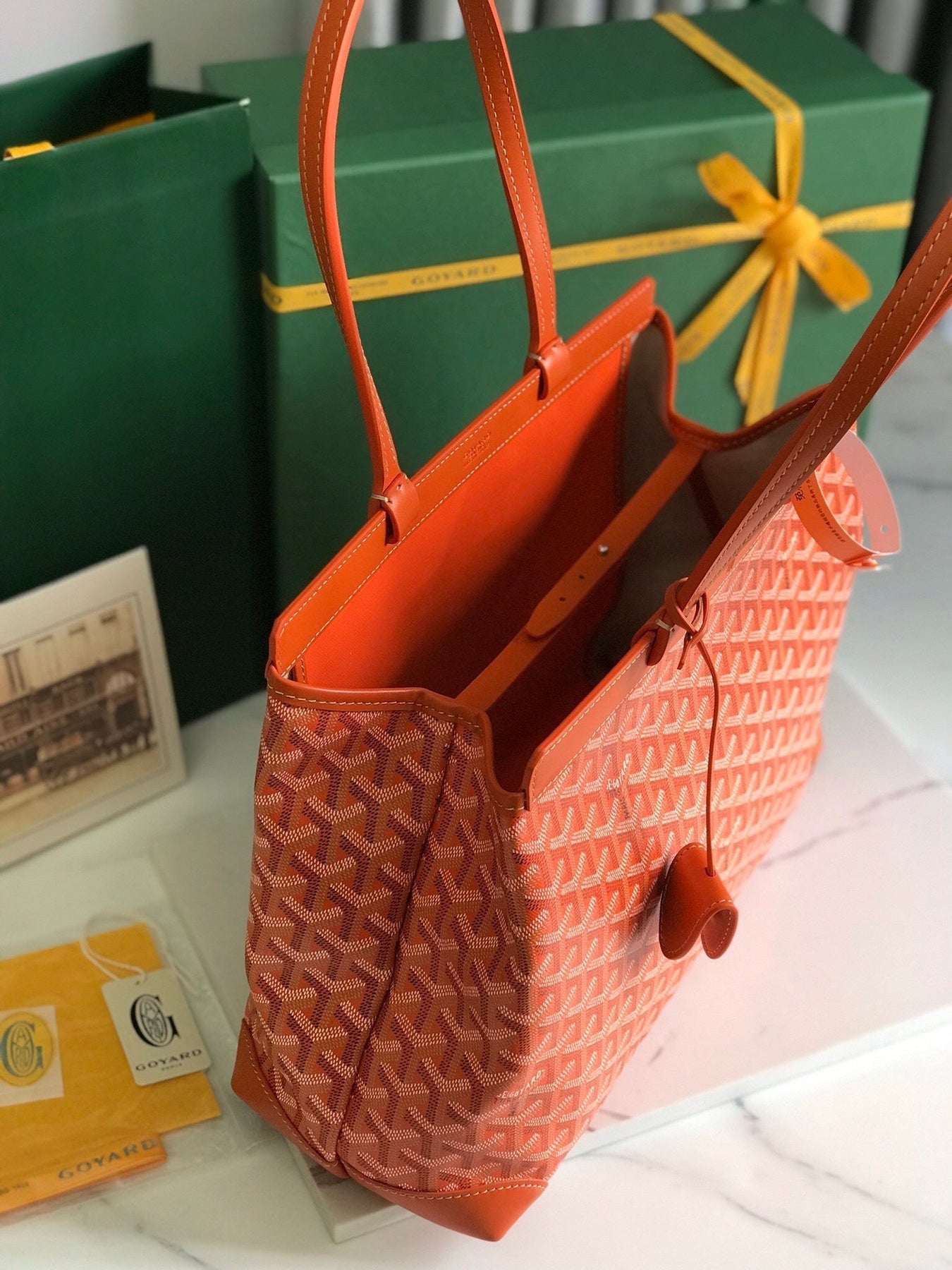 BELLECHASSE BIAUDE PM BAG 36 IN ORANGE GOYARDINE CANVAS AND CALFSKIN TRIM