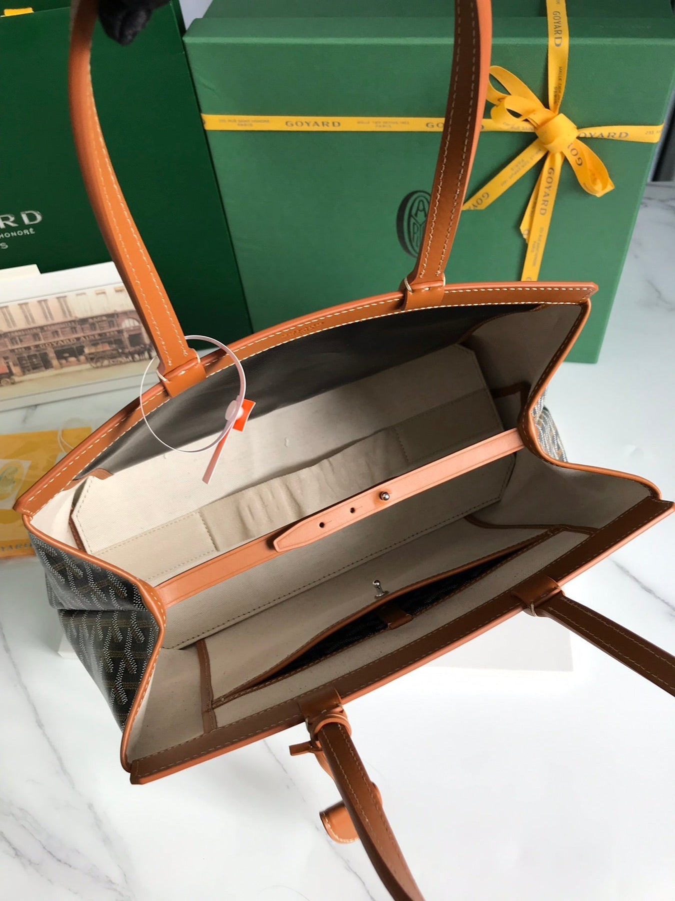 BELLECHASSE BIAUDE PM BAG 36 IN BLACK GOYARDINE CANVAS AND TAN CALFSKIN TRIM