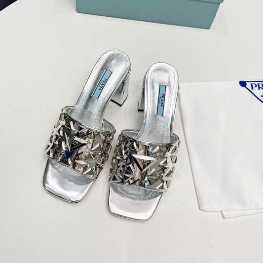 PRA EMBROIDERED SANDALS 65 SILVER CALFSKIN