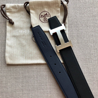 HM BELT BUCKLE & REVERSIBLE BLACK LEATHER STRAP 38MM SILVER HARDWARE
