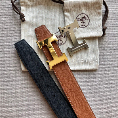 HM BELT BUCKLE & REVERSIBLE BLACK AND BRONZE BROWN LEATHER STRAP 38MM GOLD HARDWARE