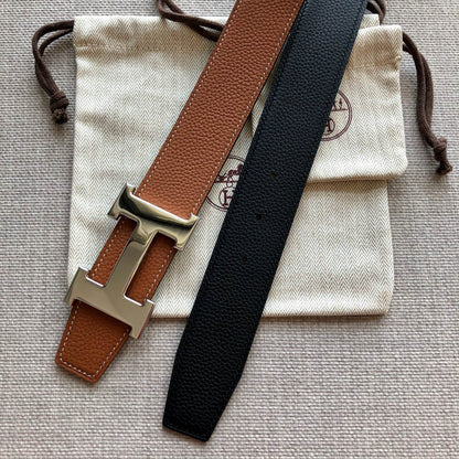 HM BELT BUCKLE & REVERSIBLE BLACK AND BRONZE BROWN LEATHER STRAP 38MM GOLD HARDWARE