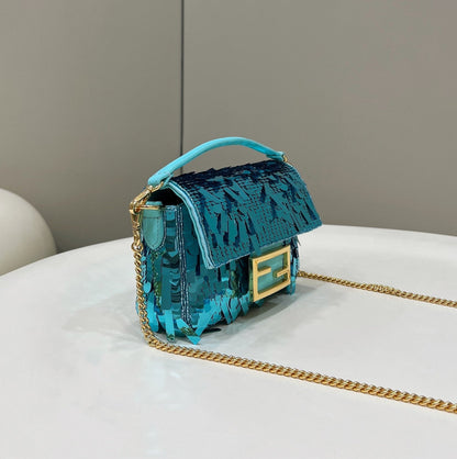 BAGUETTE MINI 19 IN BRIGHT TURQUOISE SEQUINS GOLD HARDWARE