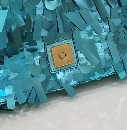 BAGUETTE MINI 19 IN BRIGHT TURQUOISE SEQUINS GOLD HARDWARE