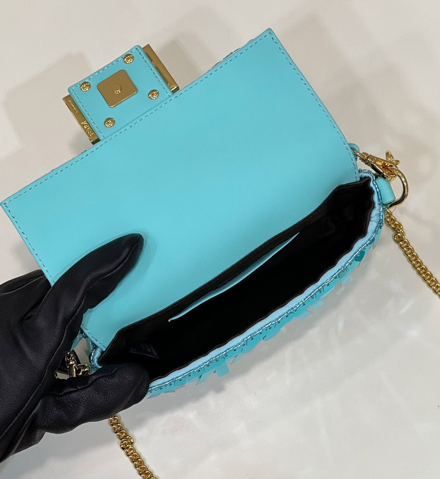 BAGUETTE MINI 19 IN BRIGHT TURQUOISE SEQUINS GOLD HARDWARE