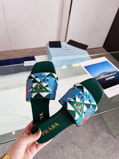 PRA EMBROIDERED SLIDES FLAT CASTLETON GREEN FABRIC