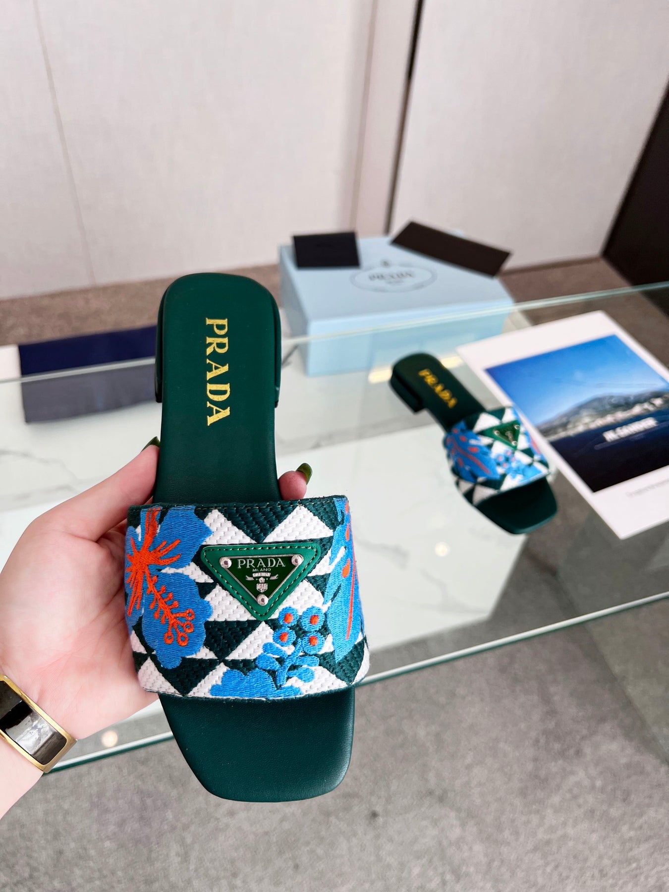 PRA EMBROIDERED SLIDES FLAT CASTLETON GREEN FABRIC