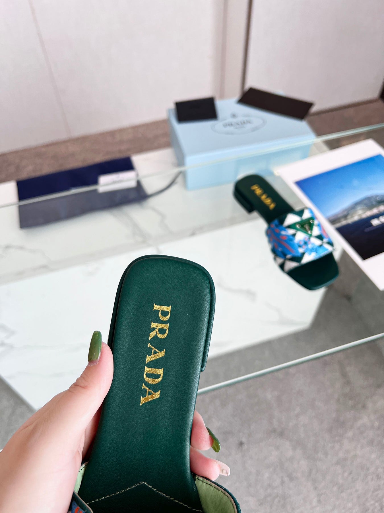 PRA EMBROIDERED SLIDES FLAT CASTLETON GREEN FABRIC