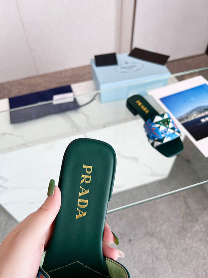 PRA EMBROIDERED SLIDES FLAT CASTLETON GREEN FABRIC