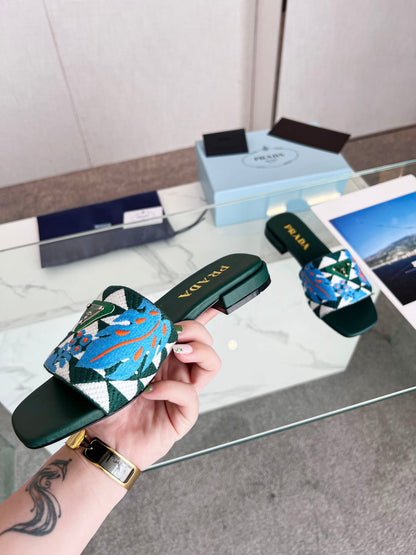 PRA EMBROIDERED SLIDES FLAT CASTLETON GREEN FABRIC