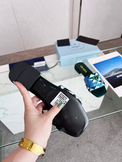 PRA EMBROIDERED SLIDES FLAT CASTLETON GREEN FABRIC