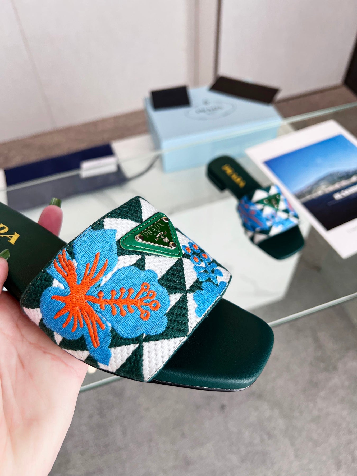 PRA EMBROIDERED SLIDES FLAT CASTLETON GREEN FABRIC