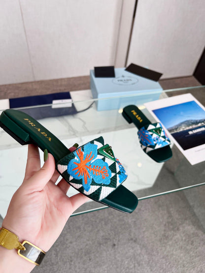 PRA EMBROIDERED SLIDES FLAT CASTLETON GREEN FABRIC