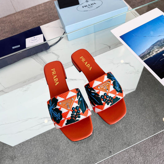 PRA EMBROIDERED SLIDES FLAT ORANGE FABRIC