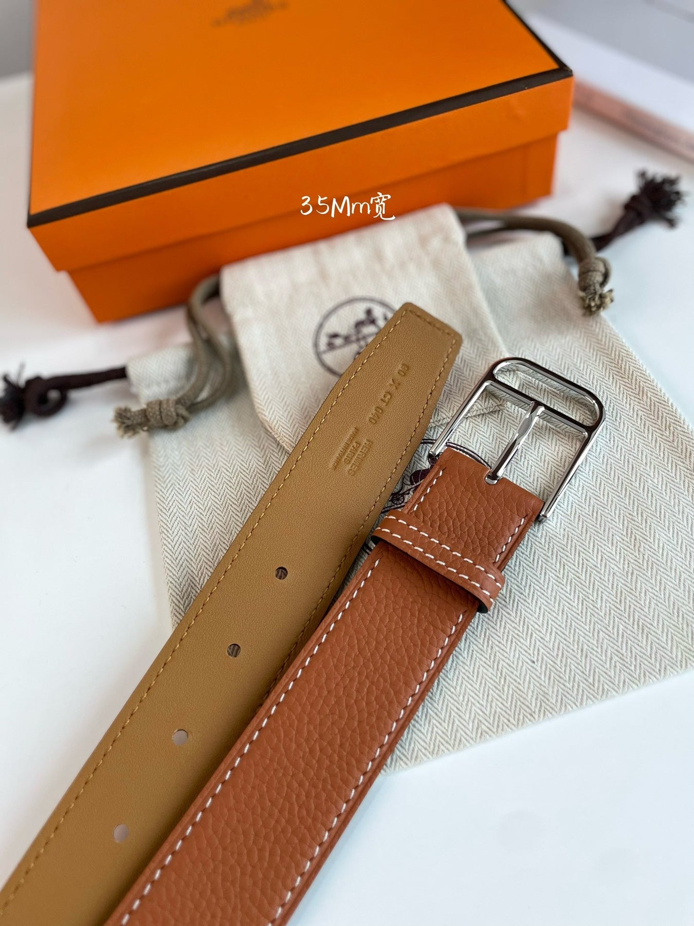 HM ROMAIN 35MM BELT YAM ORANGE LEATHER SILVER HARDWARE