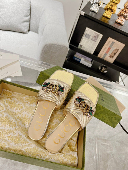 GG SPARKLE CRYSTAL SLIDE SANDAL METALLIC GOLD CALFSKIN