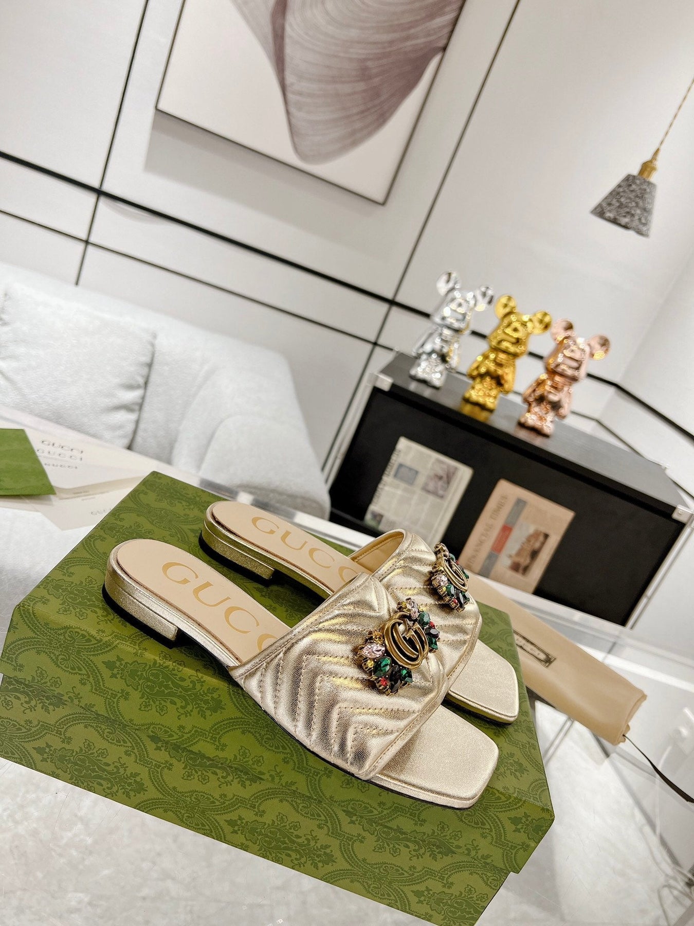 GG SPARKLE CRYSTAL SLIDE SANDAL METALLIC GOLD CALFSKIN