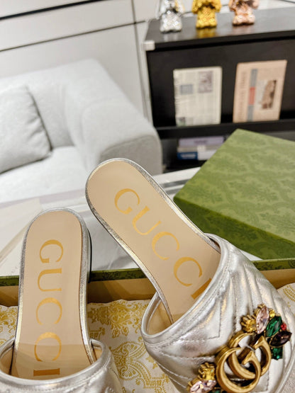 GG SPARKLE CRYSTAL SLIDE SANDAL SILVER CALFSKIN