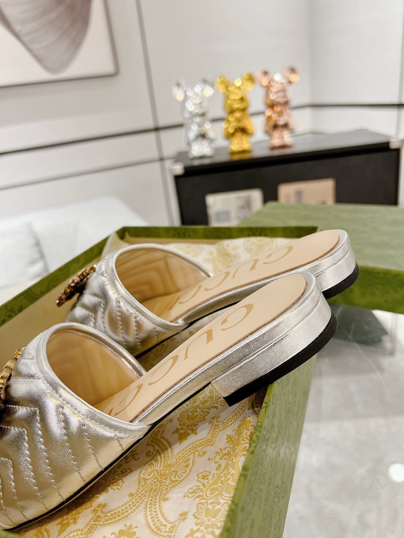 GG SPARKLE CRYSTAL SLIDE SANDAL SILVER CALFSKIN