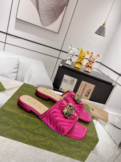 GG SPARKLE CRYSTAL SLIDE SANDAL METALLIC PINK CALFSKIN