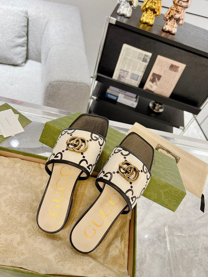 GG EXCLUSIVE SLIDE SANDAL BLACK AND CREAM CALFSKIN