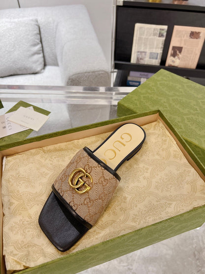 GG EXCLUSIVE SLIDE SANDAL BLACK AND BROWN FABRIC