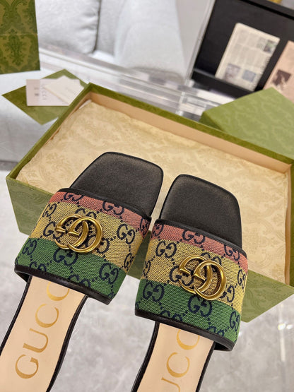 GG EXCLUSIVE SLIDE SANDAL BLACK AND CREAM FABRIC